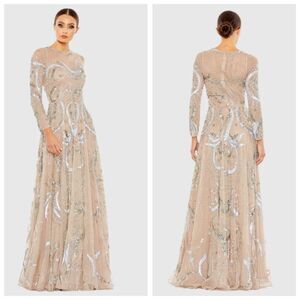 NWT Mac Duggal Womens Sequined Embellished Illusion Evening Gown Beige Size 16